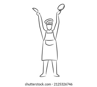 Chef Holding Knife And Cooking  Pan Sketch Line Illustration