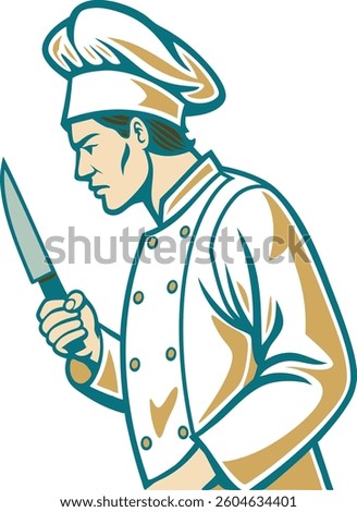 A chef is holding a knife and wearing a white hat. Concept of professionalism and expertise in the culinary arts