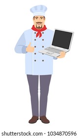 Chef holding laptop computer and showing thumb up. Full length portrait of Chef in a flat style. Vector illustration.
