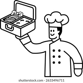 A chef is holding a lunch box with a smiling face on it. The chef is wearing a white coat and a chef hat