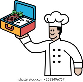 A chef is holding a lunch box with a smiling face on it. The lunch box is filled with food, including rice and vegetables. The chef is wearing a white coat and a chef hat