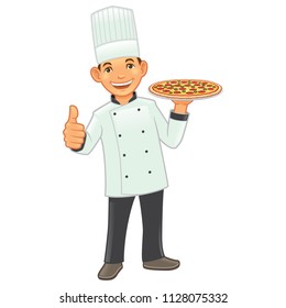A chef holding a pan of pizza.