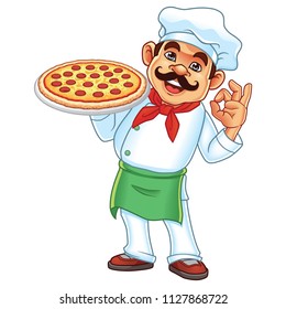 Chef holding a pizza.