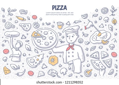 Chef holding pizza. Doodle vector concept of cooking pizza. Illustration for web banners, hero images, printed materials