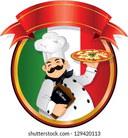 Chef holding a pizza and a menu inside a circle the Italian flag and banner red