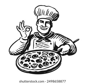 Chef holding pizza. Restaurant Italian food emblem or logo. Hand drawn sketch engraving vector illustration