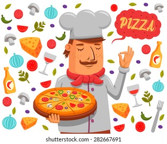 Chef Holding. Pizza Vector Cartoon Illustration