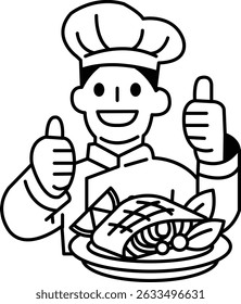 A chef is holding a plate of food and giving thumbs up. Concept of approval and satisfaction with the food