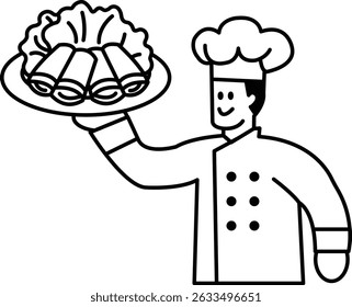 A chef is holding a plate of food and smiling. The plate is filled with various types of food, including a roll and a piece of lettuce