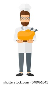 Un chef sostiene un plato con una ilustración de diseño plana vectorial de pollo caliente aislado de fondo blanco. Diseño vertical.