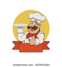 chef holding a plate on the right hand mascot logo