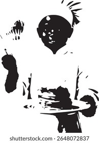 a chef is holding a plate of pancakes with a fork and knife in a black and white illustration style image