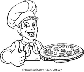 A chef holding a plate of pizza peeking over a sign and giving a thumbs up cartoon