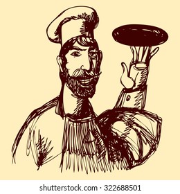 Chef holding plate sketch.