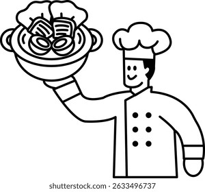 A chef is holding a pot with food in it. The chef is smiling and he is happy