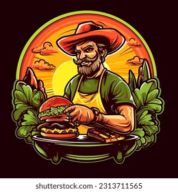 The chef is holding a prepared hamburger in his hand. Catering and  Fastfood concept. Cartoon vector illustration. isolated background, label, sticker