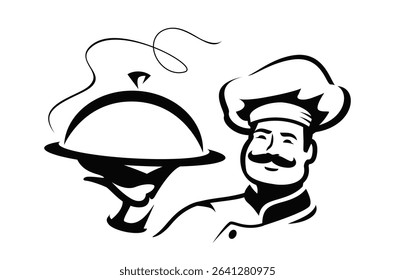 Chef holding restaurant cloche. Cook with tray with lid. Illustration for restaurant or cafe menu