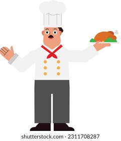 Chef holding roasted turkey plate isolated background.Cute Chef cartoon flat vector illustration