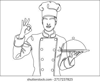 Chef sosteniendo el plato de servir y mostrando la línea de gesto de la mano ok cocinando alimentos.