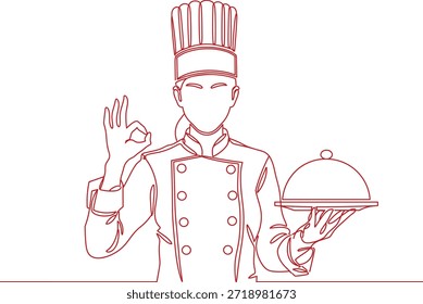 Chef sosteniendo el plato de servir y mostrando un buen gesto en el estilo de contorno rojo para cocinar alimentos.