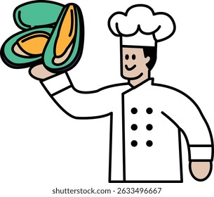 A chef is holding a shellfish in his hand. The shellfish is green and orange. The chef is smiling