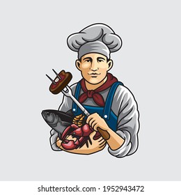 Chef holding shrimp fish and lobsters cartoon illustration The Concept of Isolated Technology. Flat Cartoon Style Suitable for Landing Web Pages, Banners, Flyers, Stickers, Cards