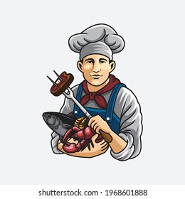 chef holding shrimp fish and lobsters cartoon illutration The Concept of Isolated Technology. Flat Cartoon Style Suitable for Landing Web Pages, Banners, Flyers, Stickers, Cards
