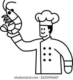 A chef is holding a shrimp in his hand. The image is black and white. The chef is smiling and he is happy