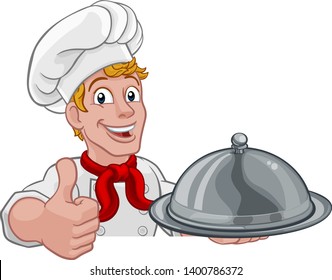 A chef holding a silver plate or platter domed cloche of food peeking over a sign and giving a thumbs up cartoon.