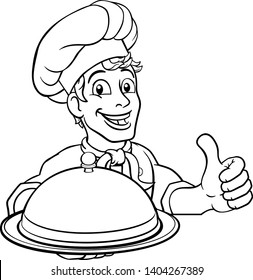 A chef holding a silver plate or platter domed cloche of food peeking over a sign and giving a thumbs up cartoon.
