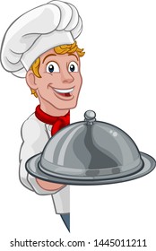 A chef holding a silver plate or platter domed cloche of food and peeking around a sign cartoon