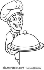 Ein Küchenchef, der eine Silberteller oder eine Platterkuppe hält und sich um einen Zeichenkartoon blicken lässt