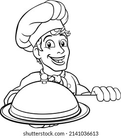 Ein Küchenchef, der einen Silberteller oder einen Platter hält, hat eine gekuppelte Essenskuche über einem Schildkrötenkartoon gezaubert.