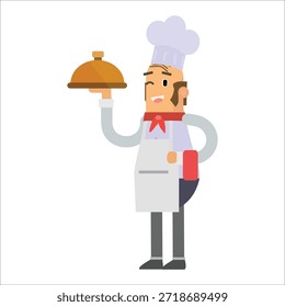 Chef holding a silver serving tray with lid vector illustration