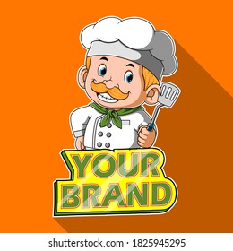 The chef holding the spatula with the banner for the brand 
