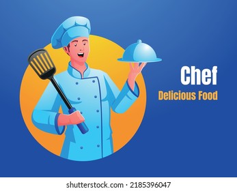 chef con espátula y platos deliciosos