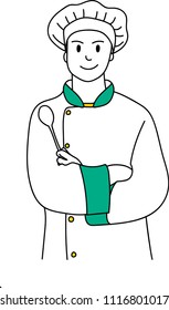  chef is holding a spoon for cooking and smiling happily,doodle vector hand drawn illustration