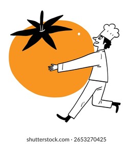 Chef holding tomato. Hand drawing vector illustration. 