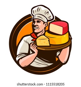 Chef holding a tray of cheese. Food, eating concept. Vector illustration
