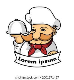 Chef with holding tray of food. Cuisine, professional, kitchen, service, cook. Used for business, brand, symbol icon of restaurant, cafe. Logo vector illustration. Isolated background. Editable eps.