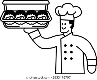 Um chef está segurando uma bandeja de comida e sorrindo. Conceito de calor e hospitalidade, como o chef está pronto para servir seus clientes
