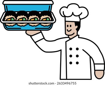 A chef is holding a tray of food, smiling and looking happy. The tray is filled with various types of food, including sushi. Concept of joy and satisfaction