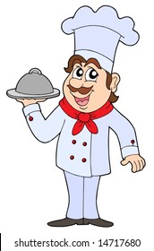 Chef holding tray with food - vector illustration.