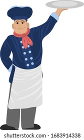 The chef is holding a tray. Graphic drawing. Cartoon style White background. Can be used for postcards, magazines, websites, stickers, magnets.