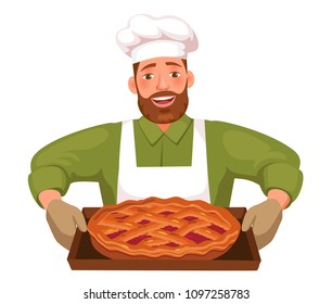 chef holding a tray of pie