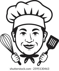 The chef is holding a whisk in one hand and a spatula in the other, symbolizing cooking and baking activities