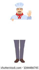 Chef  holding white blank poster and greeting someone with his hand raised up. Full length portrait of Chef in a flat style. Vector illustration.