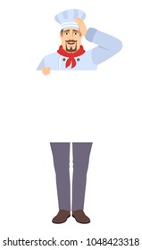 Chef holding white blank poster and grabbed his head. Full length portrait of Chef in a flat style. Vector illustration.
