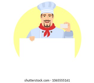 Chef  holding white blank poster and showing the business card. Portrait of Chef in a flat style. Vector illustration. 