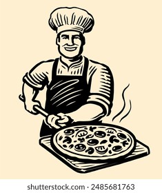 Chef holding a wooden shovel with pizza. Italian restaurant, pizzeria emblem. Hand drawn vector illustration